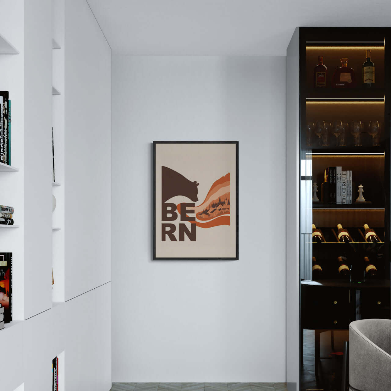 Flowing Heritage of Bern - Poster displayed in a modern minimalist interior, featuring warm tones and elegant design.