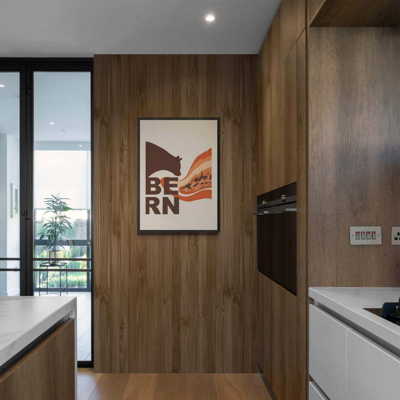 Flowing Heritage of Bern - Poster displayed in a modern kitchen with wooden wall accents.