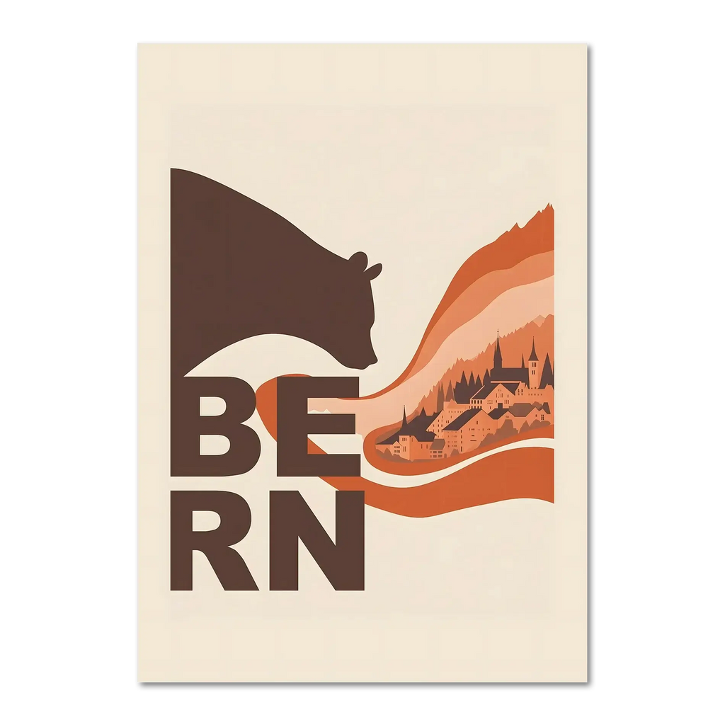 Flowing Heritage of Bern - Poster featuring a bear silhouette and layered landscape of Bern in warm tones.