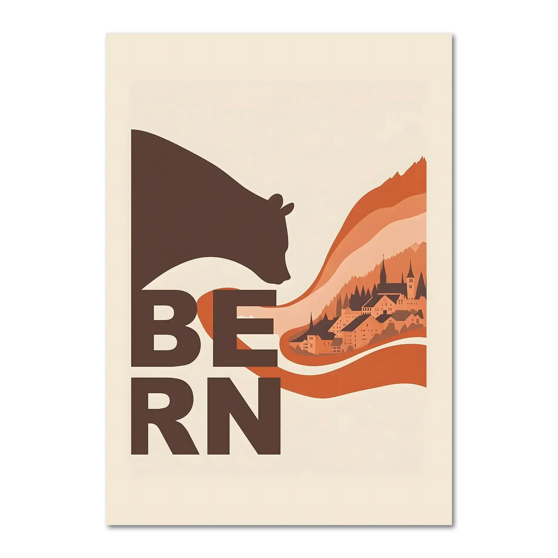 Flowing Heritage of Bern - Poster featuring a bear silhouette and layered landscape of Bern in warm tones.