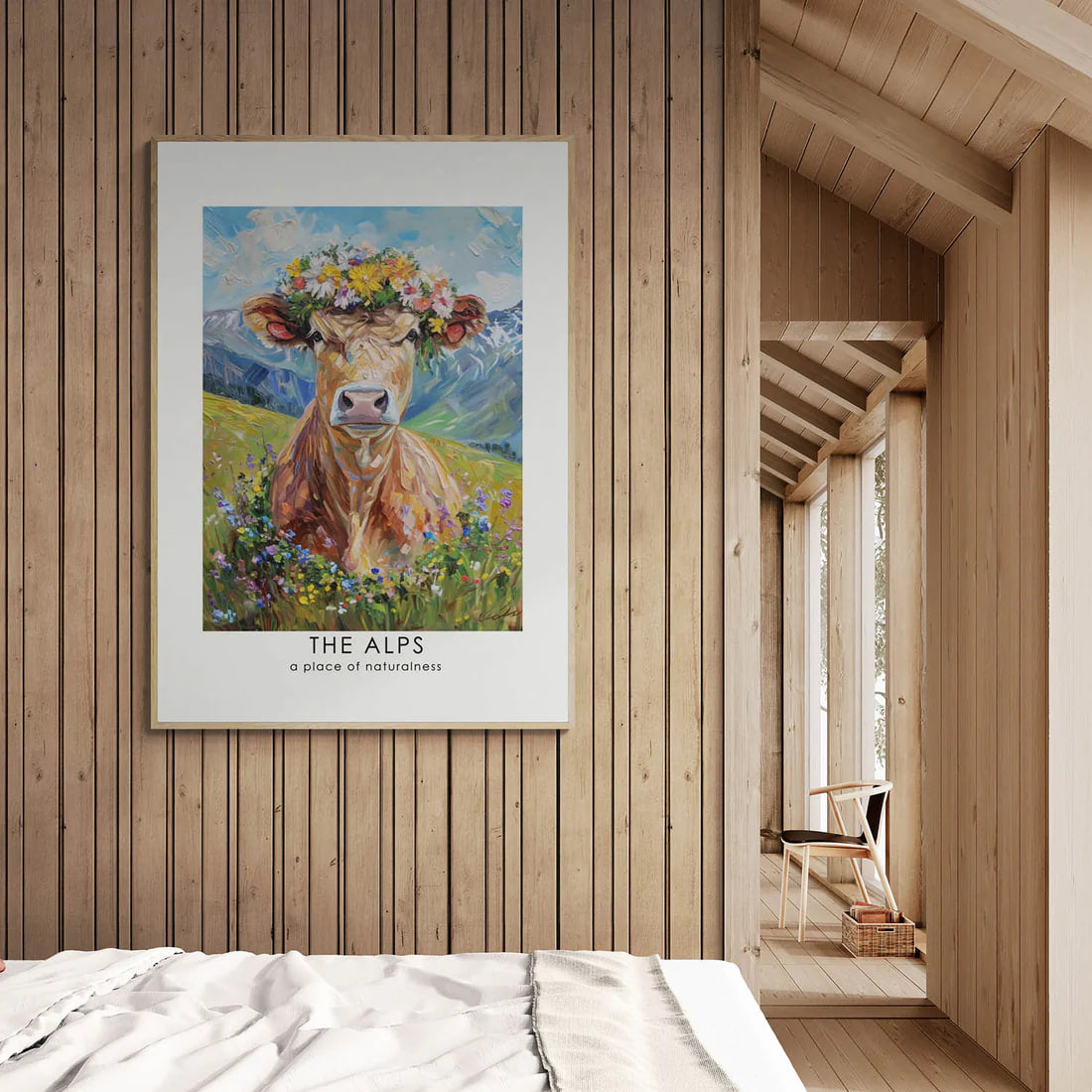Fluffy cow in a wreath - Poster adorning a wooden wall, bringing alpine charm and vibrant colors to the room.