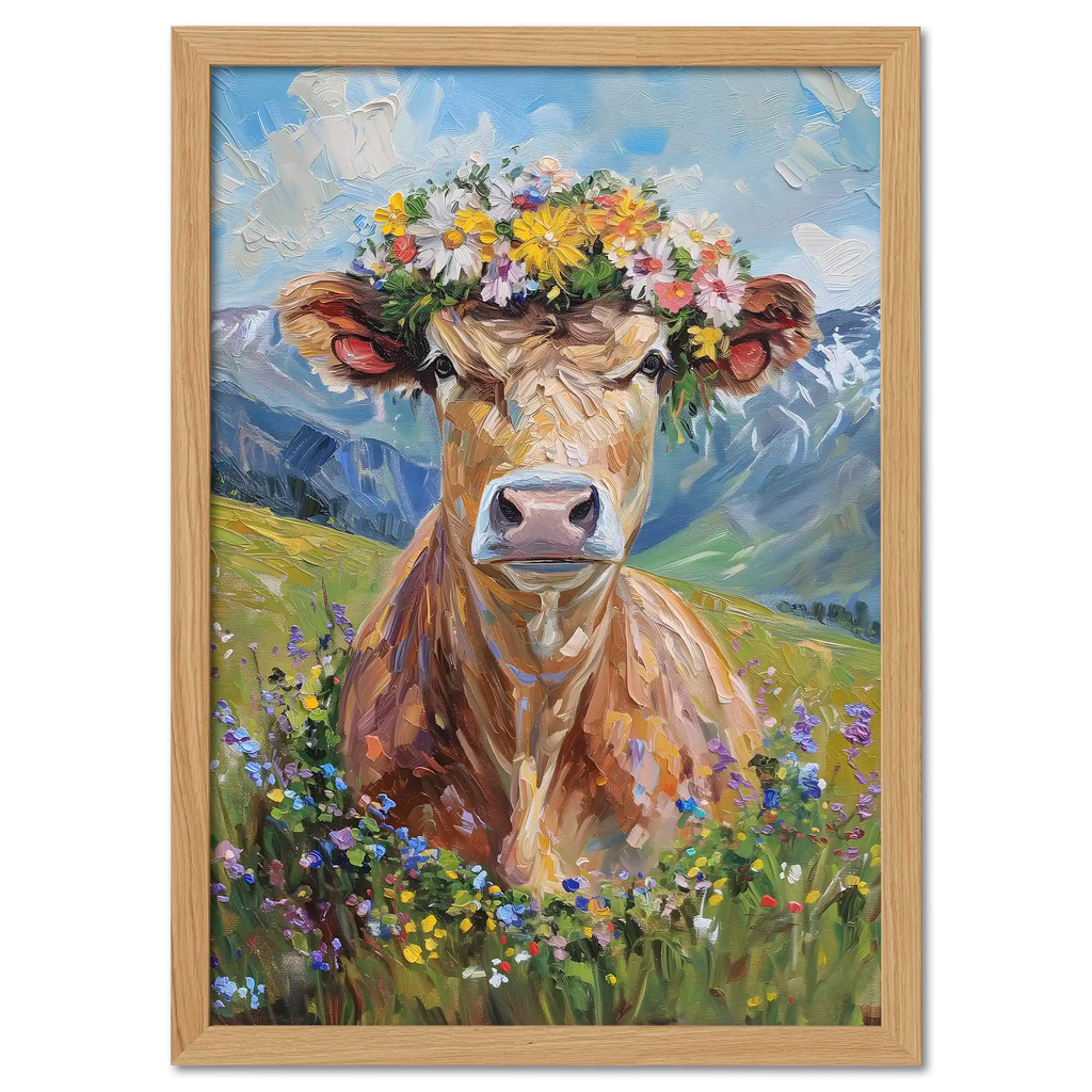Fluffy cow in a wreath - Poster featuring an alpine cow with a flower crown in a vibrant meadow.