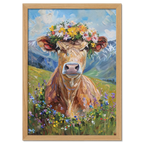 Fluffy cow in a wreath - Poster featuring an alpine cow with a flower crown in a vibrant meadow.