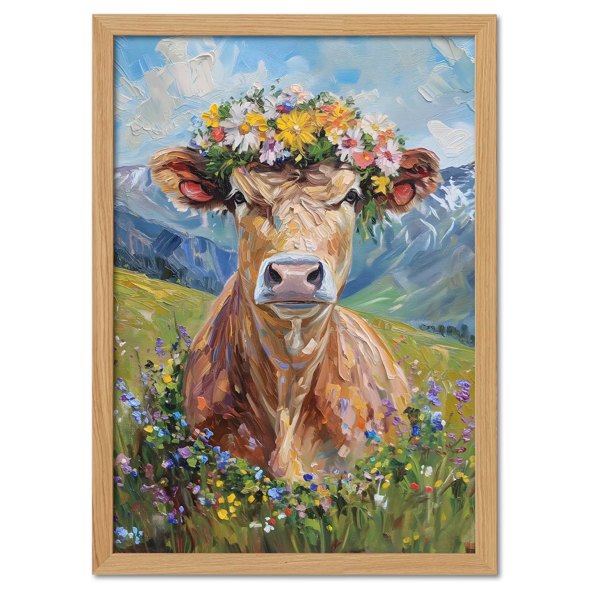 Fluffy cow in a wreath - Poster featuring an alpine cow with a flower crown in a vibrant meadow.