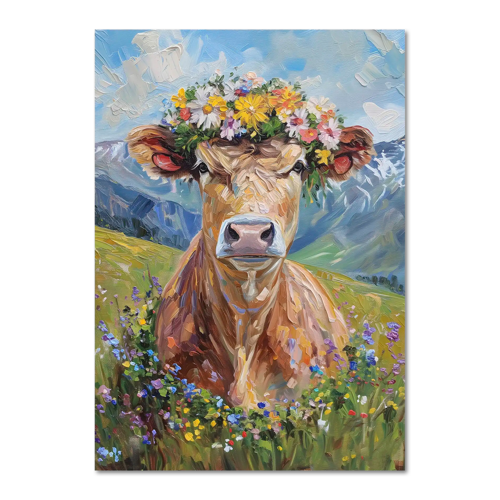 Fluffy cow in a wreath - Poster featuring an alpine cow with a flower crown in a vibrant meadow.