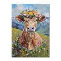 Fluffy cow in a wreath - Poster featuring an alpine cow with a flower crown in a vibrant meadow.