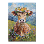 Fluffy cow in a wreath - Poster featuring an alpine cow with a flower crown in a vibrant meadow.