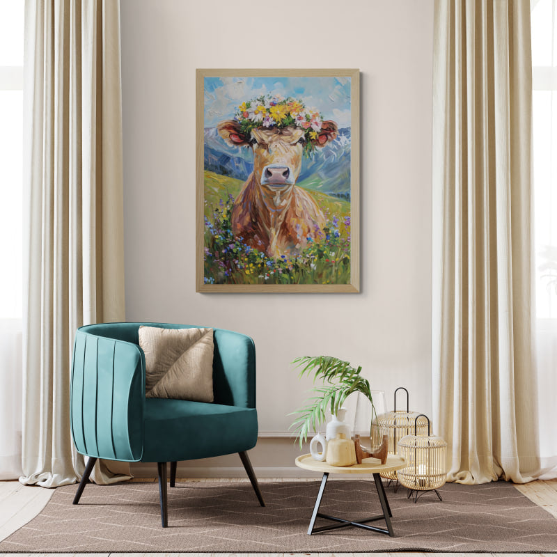Fluffy cow in a wreath - Poster showcasing a colorful flower crown, alpine scenery, and vibrant wildflowers in wall art.