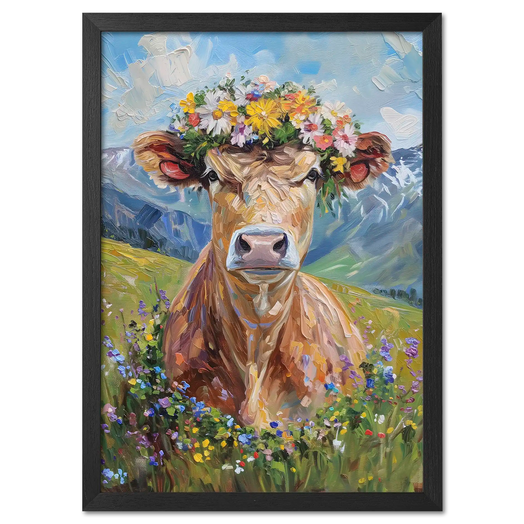 Fluffy cow in a wreath - Poster featuring a cow in a flower crown surrounded by colorful wildflowers and mountains.