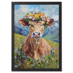Fluffy cow in a wreath - Poster featuring a cow in a flower crown surrounded by colorful wildflowers and mountains.