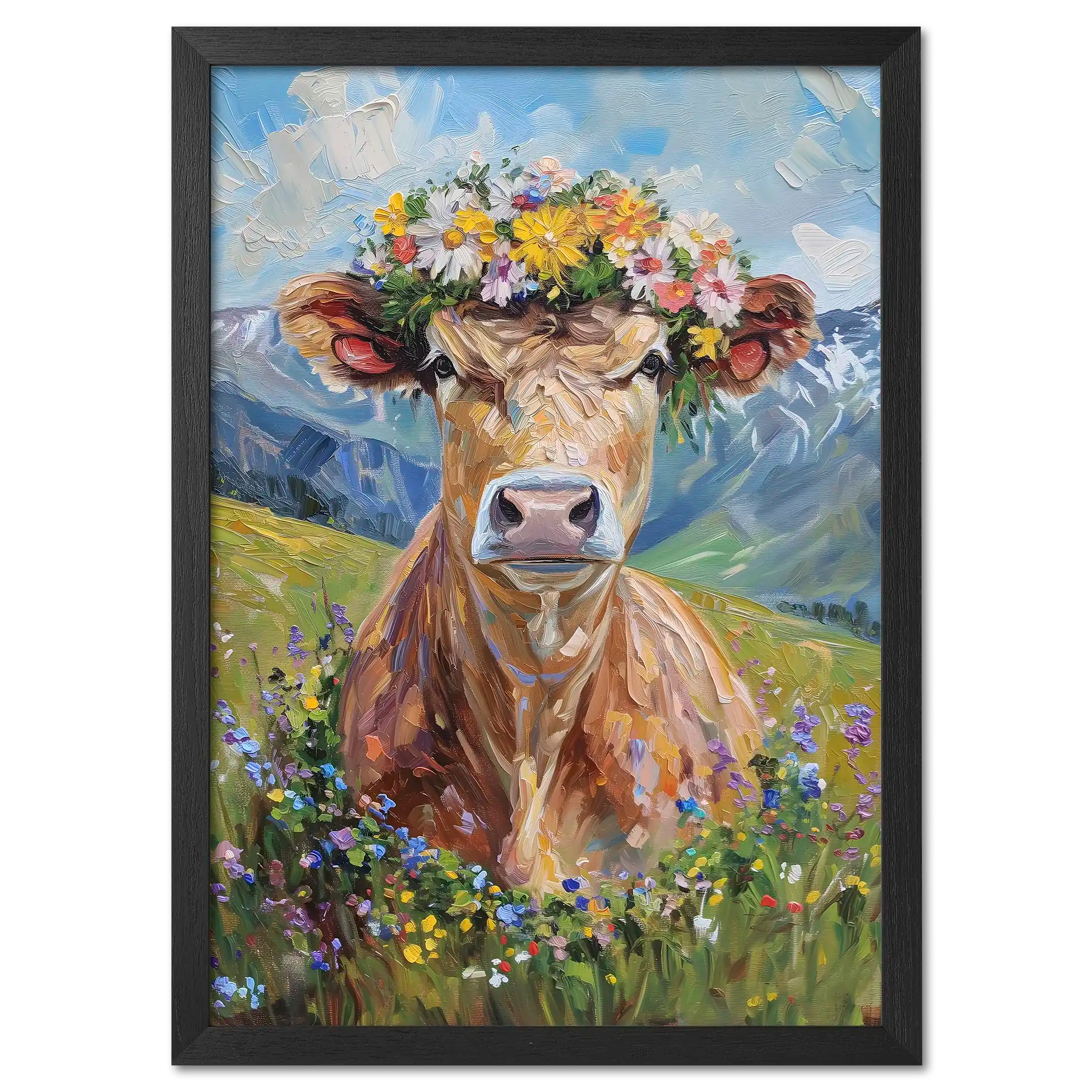 Fluffy cow in a wreath - Poster featuring a cow in a flower crown surrounded by colorful wildflowers and mountains.