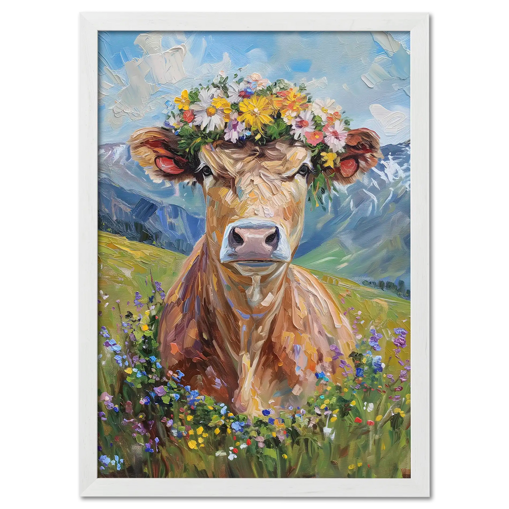 Fluffy cow in a wreath - Poster featuring a cow with a flower crown in a colorful meadow.