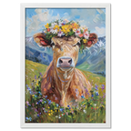 Fluffy cow in a wreath - Poster featuring a cow with a flower crown in a colorful meadow.