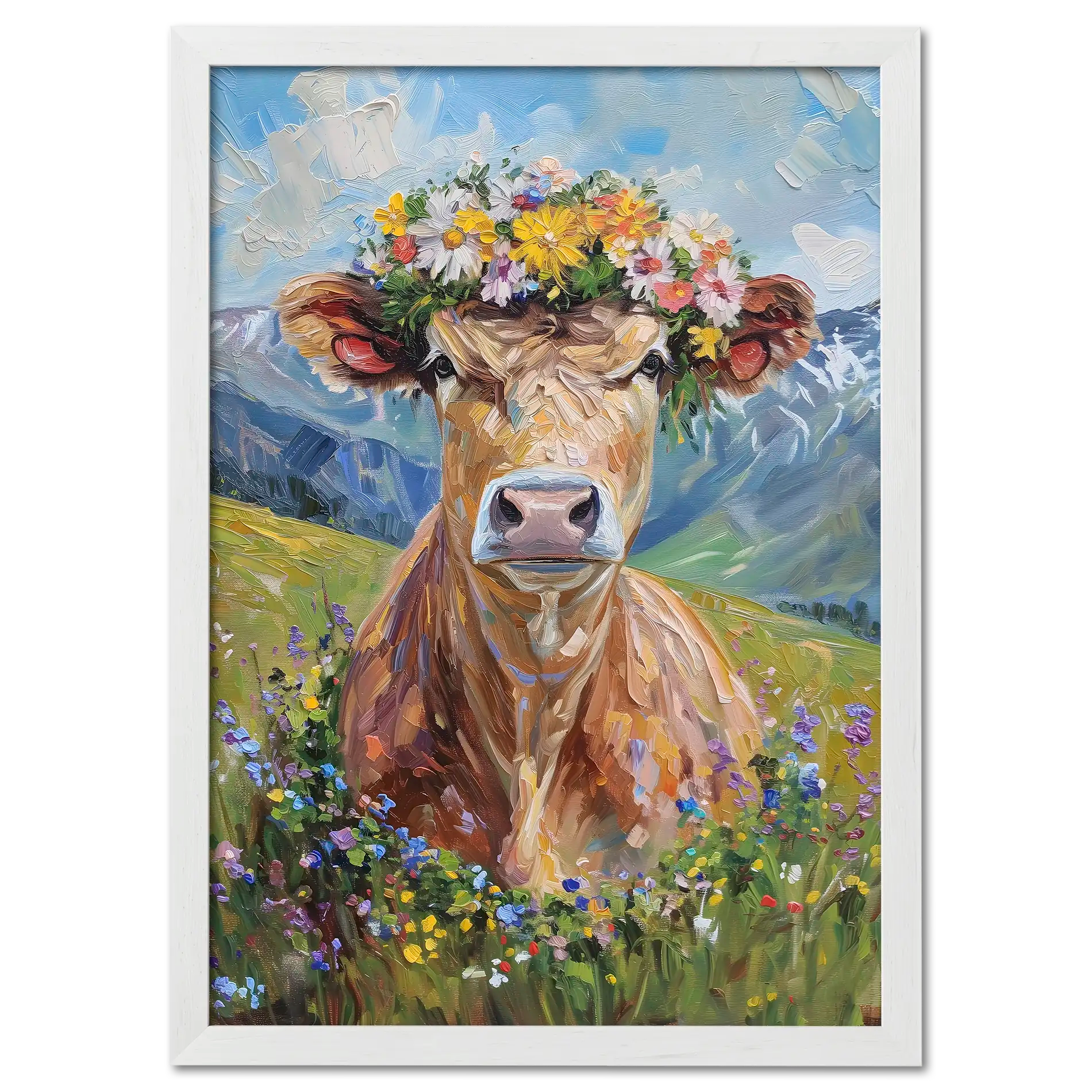 Fluffy cow in a wreath - Poster featuring a cow with a flower crown in a colorful meadow.