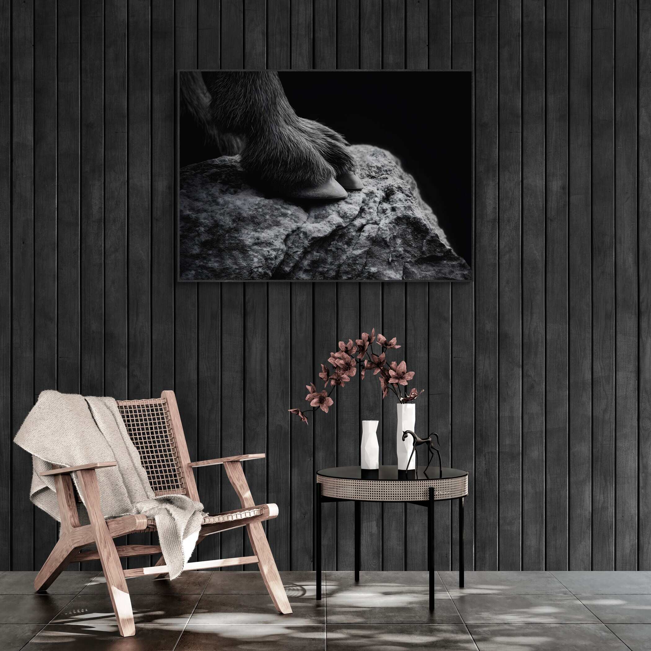 Footing of a Goat – Alu-Dibond wall art displayed in a modern interior featuring a mountain goat's foot on stone.