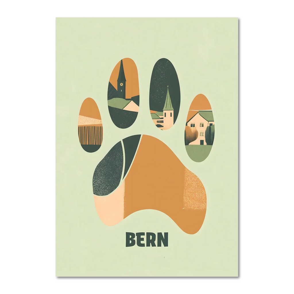 Footprints of Tradition - Poster featuring a stylized bear paw print with illustrations of Bern's village scenes.