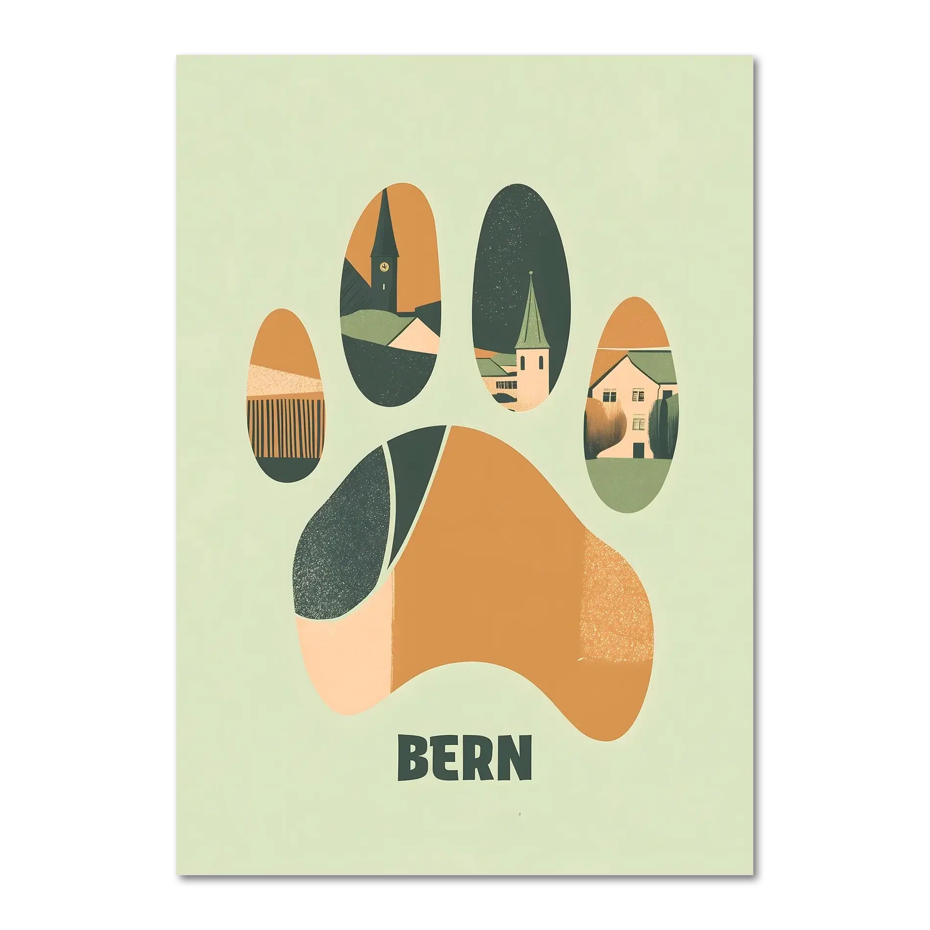 Footprints of Tradition - Poster featuring a stylized bear paw print with illustrations of Bern's village scenes.