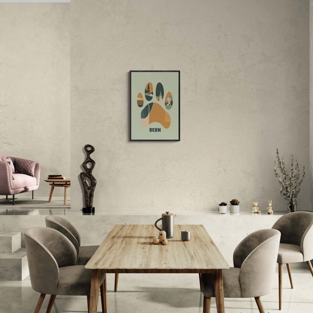 Footprints of Tradition - Poster displayed in a modern living room setting, showcasing wall art inspired by Bern.