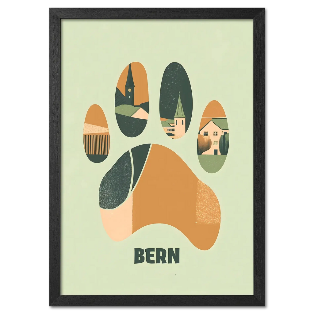 Footprints of Tradition - Poster featuring a bear paw print filled with scenic illustrations of Bern.
