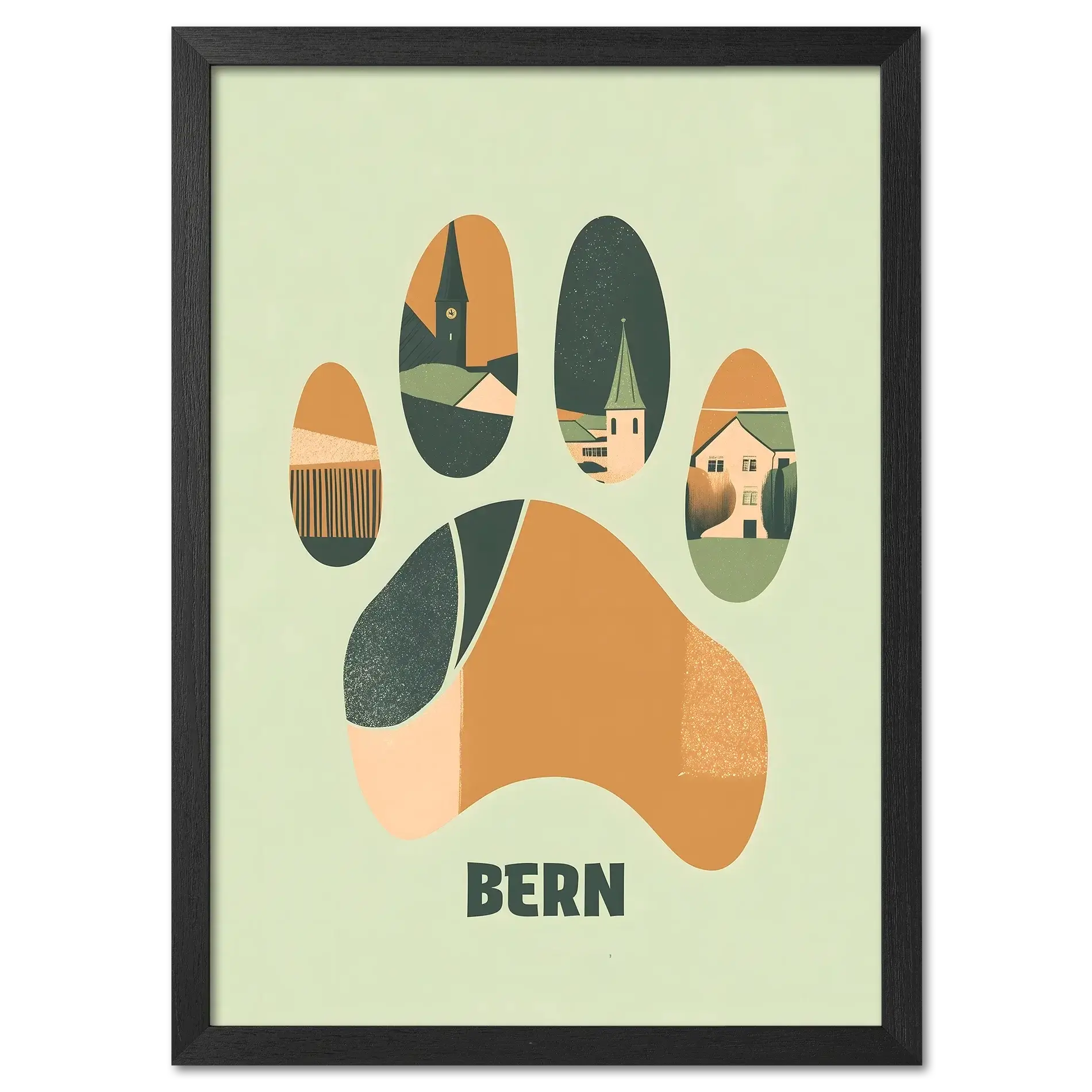 Footprints of Tradition - Poster featuring a bear paw print filled with scenic illustrations of Bern.
