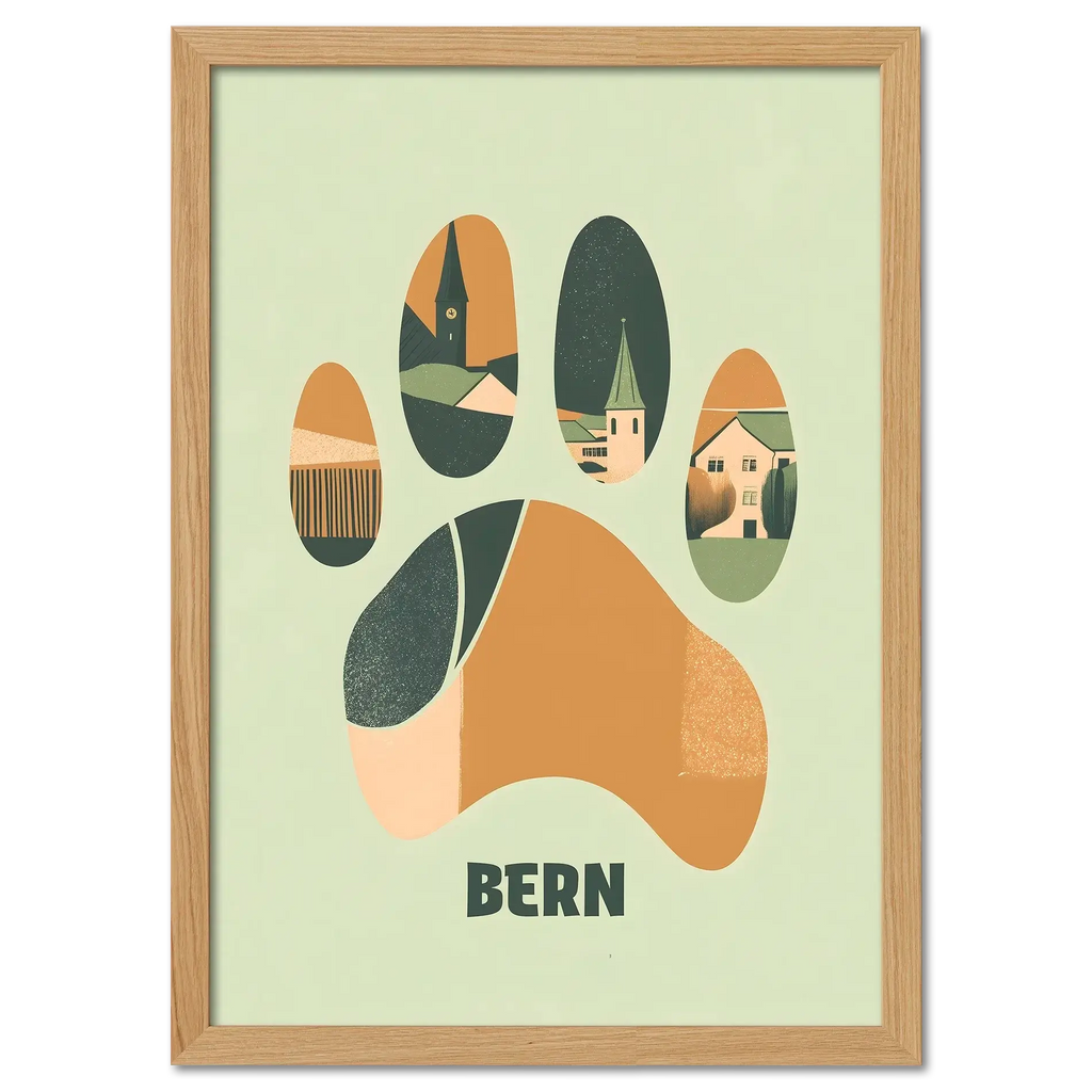 Footprints of Tradition - Poster featuring a bear paw print with illustrated scenes of Bern.