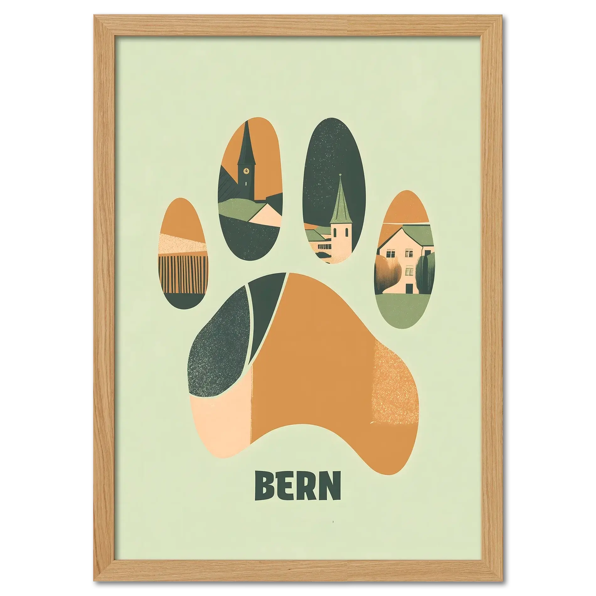 Footprints of Tradition - Poster featuring a bear paw print with illustrated scenes of Bern.