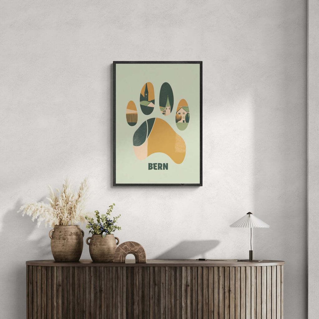 Footprints of Tradition - Poster showcasing bear paw print with village scenes, perfect wall art for modern interiors.