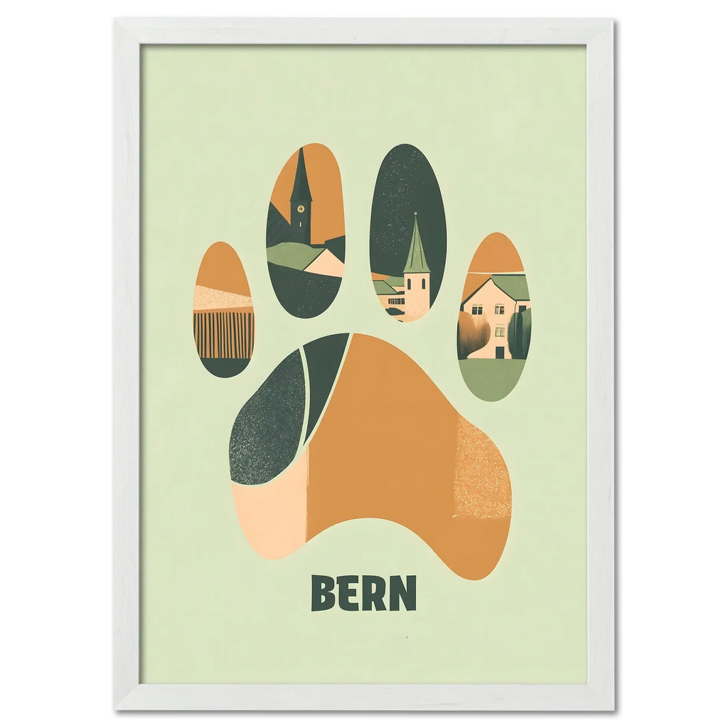 Footprints of Tradition - Poster featuring a bear paw print filled with illustrated scenes of Bern.