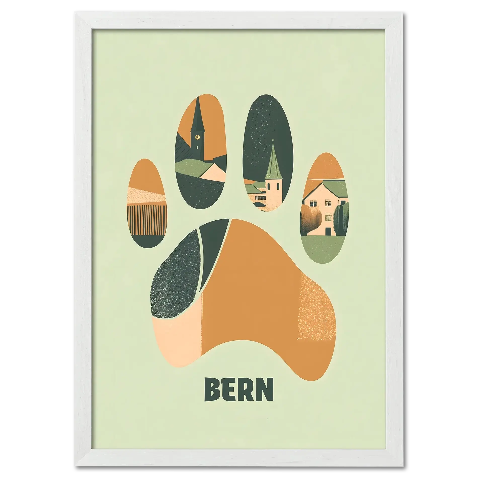 Footprints of Tradition - Poster featuring a bear paw print filled with illustrated scenes of Bern.