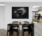 Gaze of a vulture - Alu-Dibond wall art displayed above a dining table in a modern kitchen.