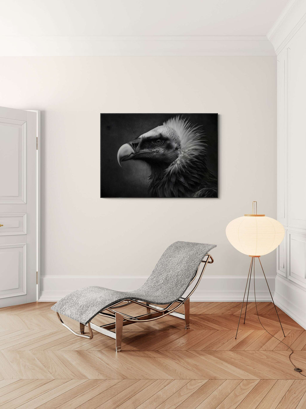 Gaze of a vulture - Alu-Dibond wall art displayed in a modern living room setting.