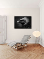 Gaze of a vulture - Alu-Dibond wall art displayed in a modern living room setting.