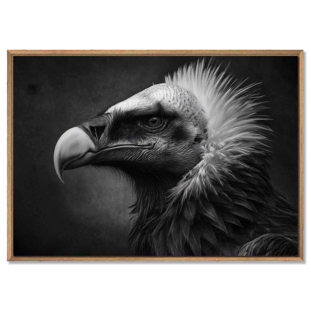 Gaze of a vulture - Alu-Dibond wall art featuring a striking vulture portrait in black and white.