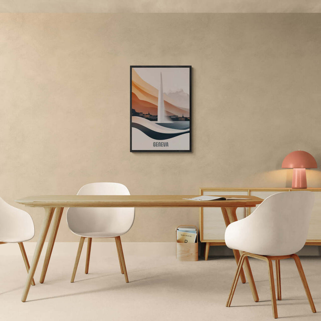 Geneva – The Iconic Jet d’Eau - Poster displayed in a modern dining room with stylish decor.