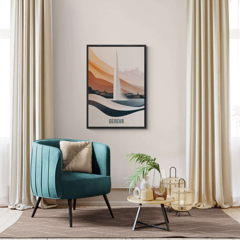 Geneva – The Iconic Jet d’Eau - Poster displayed in a modern living room with teal chair and elegant decor.