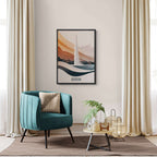 Geneva – The Iconic Jet d’Eau - Poster displayed in a modern living room with teal chair and elegant decor.
