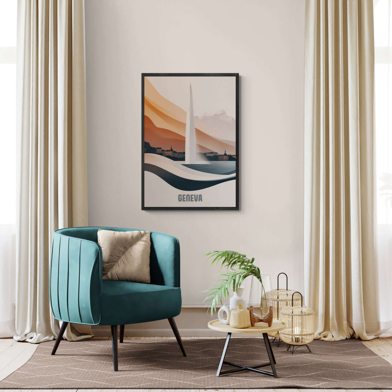 Geneva – The Iconic Jet d’Eau - Poster displayed in a modern living room with teal chair and elegant decor.