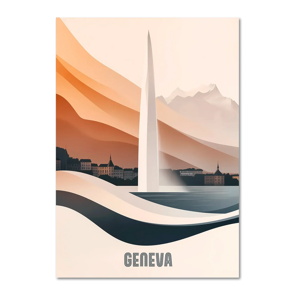 Geneva – The Iconic Jet d’Eau - Poster featuring elegant design of the Jet d’Eau above Lake Geneva in warm tones.