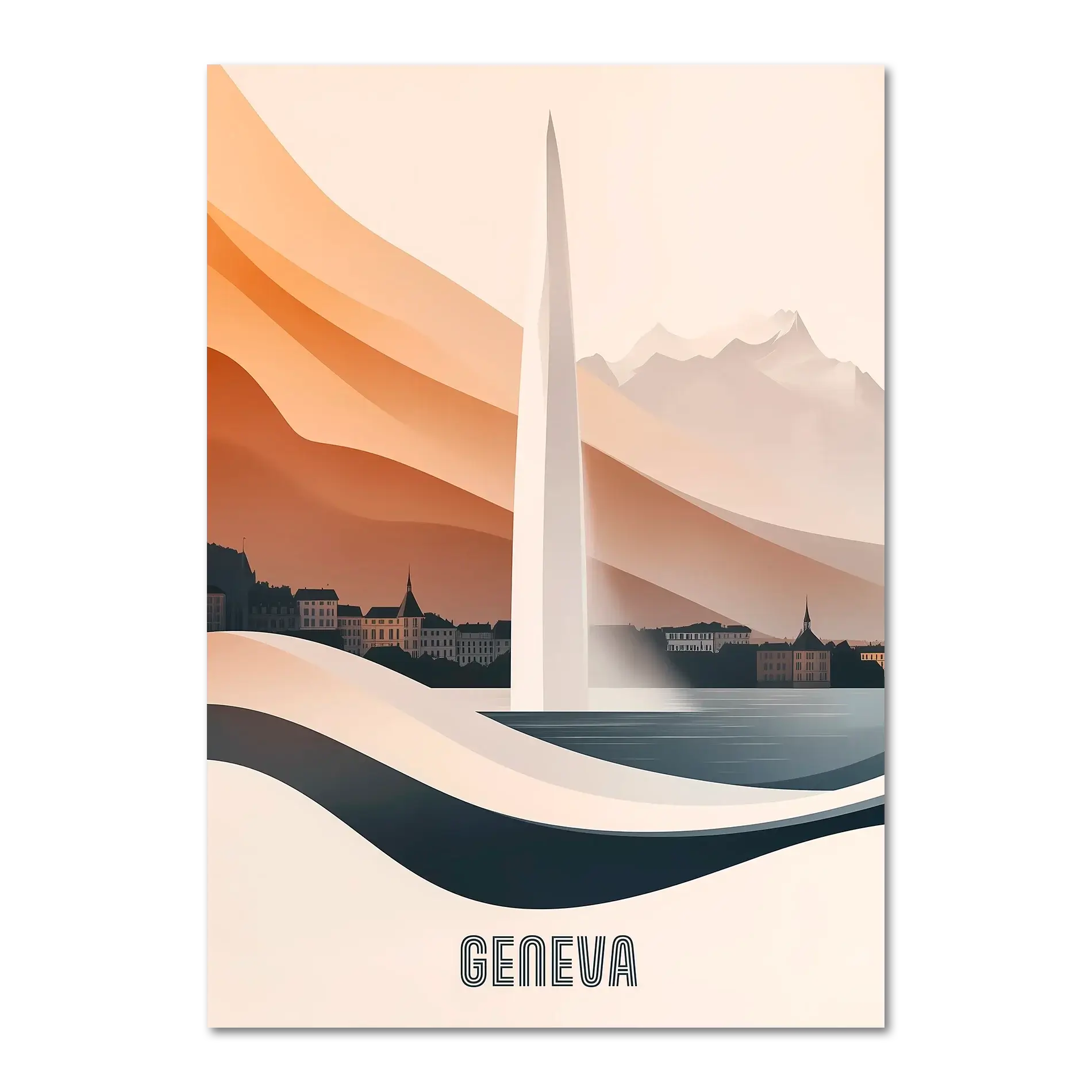 Geneva – The Iconic Jet d’Eau - Poster featuring elegant design of the Jet d’Eau above Lake Geneva in warm tones.
