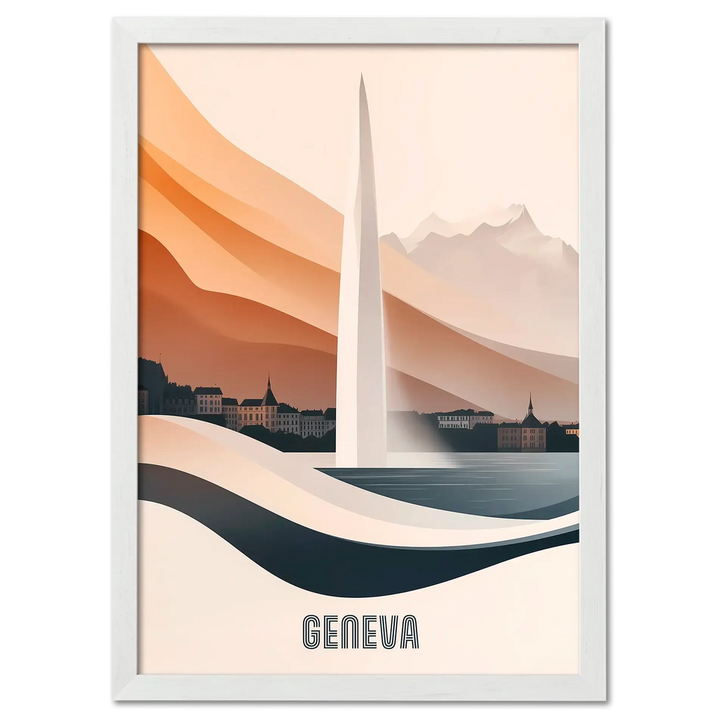 Geneva – The Iconic Jet d’Eau - Poster featuring elegant water fountain and scenic backdrop in warm tones.