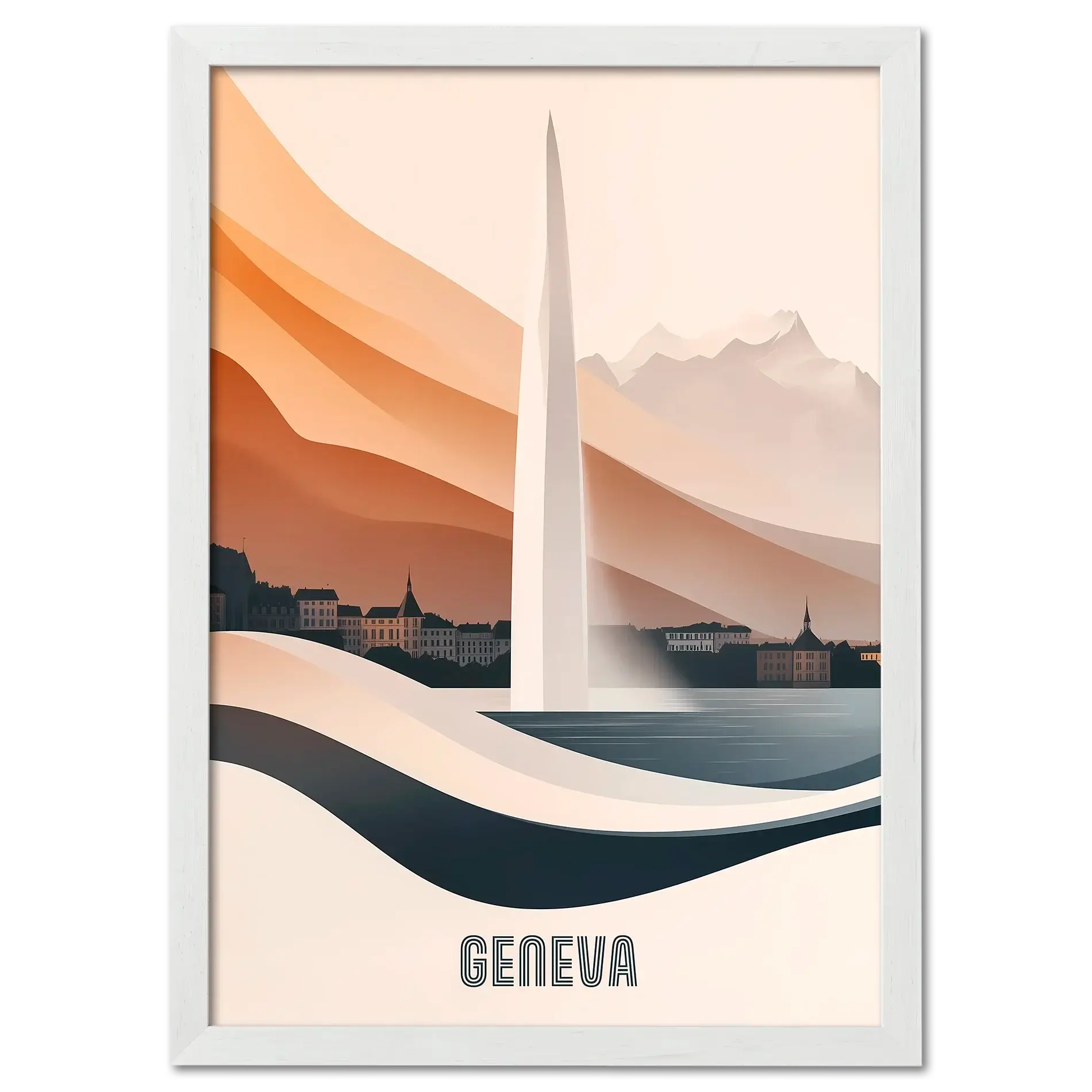 Geneva – The Iconic Jet d’Eau - Poster featuring elegant water fountain and scenic backdrop in warm tones.