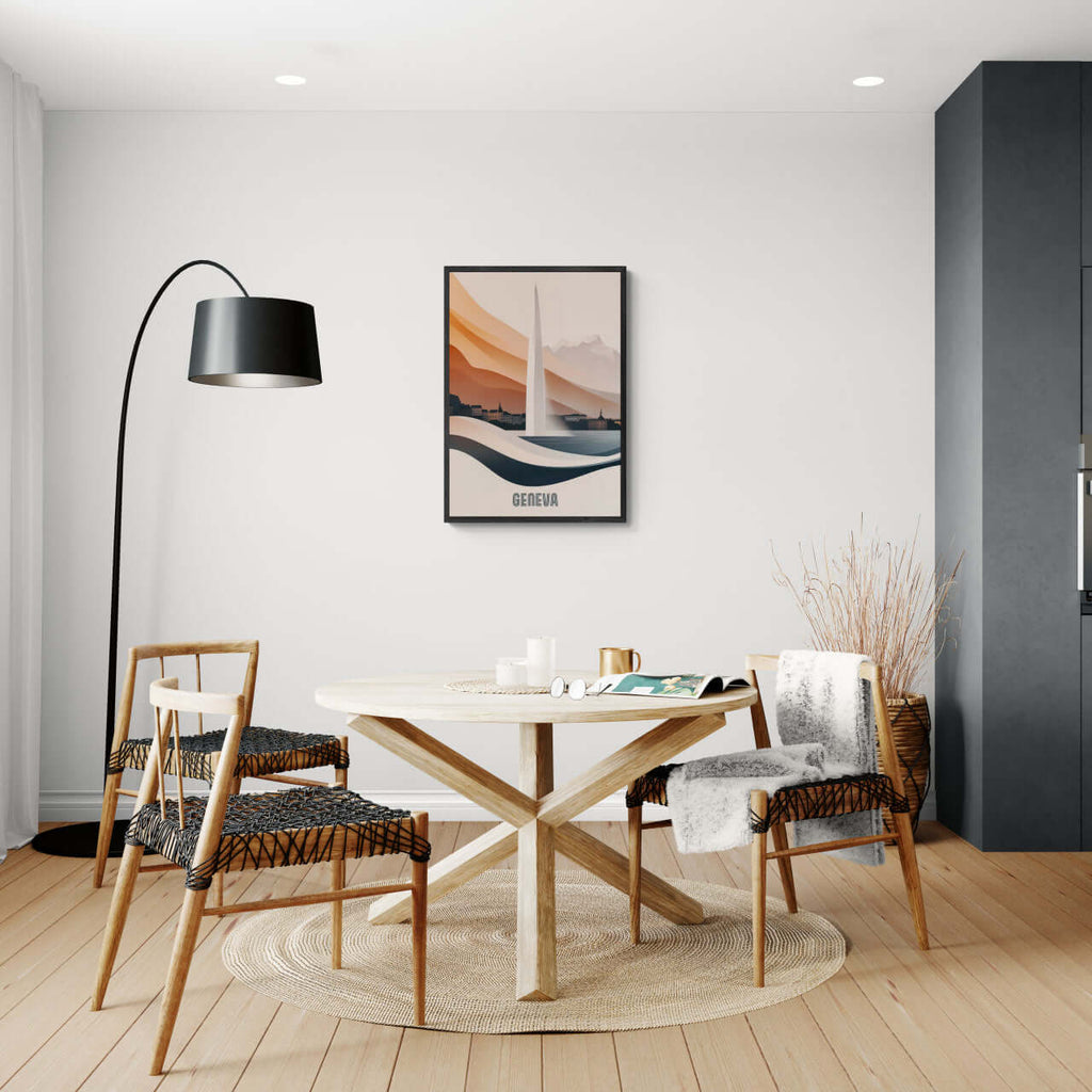 Geneva – The Iconic Jet d’Eau - Poster displayed in a modern dining area with stylish furnishings and warm ambiance.