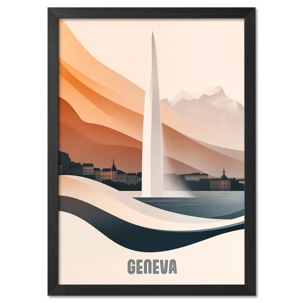 Geneva – The Iconic Jet d’Eau - Poster featuring elegant Jet d’Eau above Lake Geneva with soft colors and modern design.