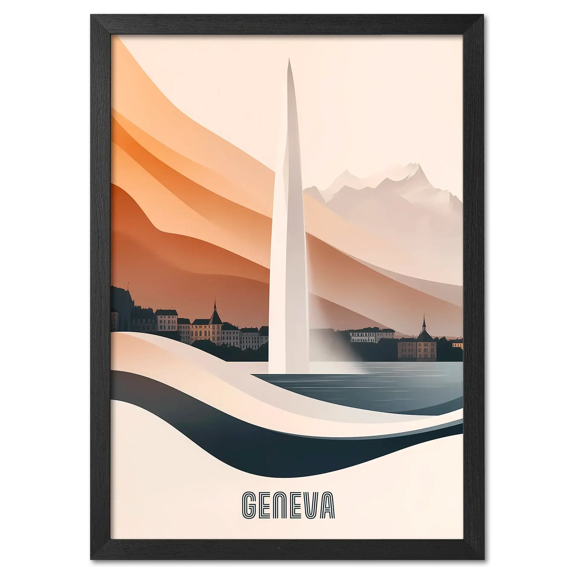Geneva – The Iconic Jet d’Eau - Poster featuring elegant Jet d’Eau above Lake Geneva with soft colors and modern design.
