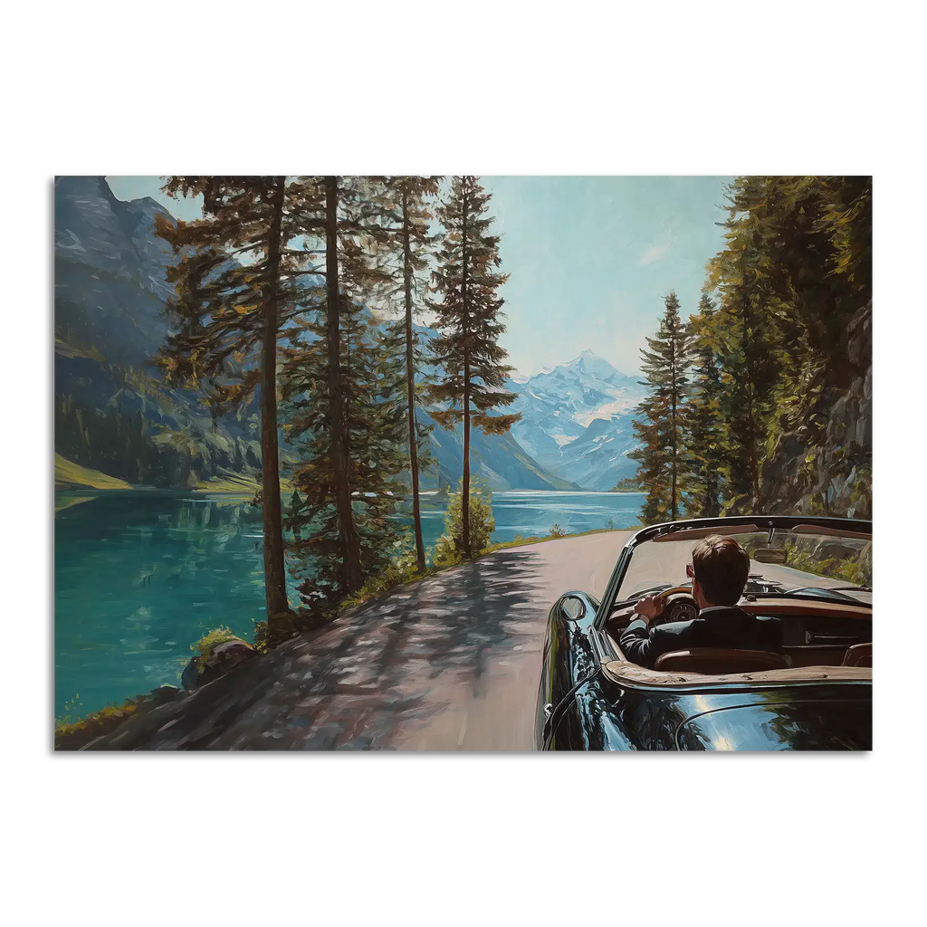 Gentleman’s Alpine Drive – Poster featuring a man driving a convertible along an alpine lake surrounded by mountains.