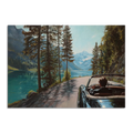 Gentleman’s Alpine Drive – Poster featuring a man driving a convertible along an alpine lake surrounded by mountains.