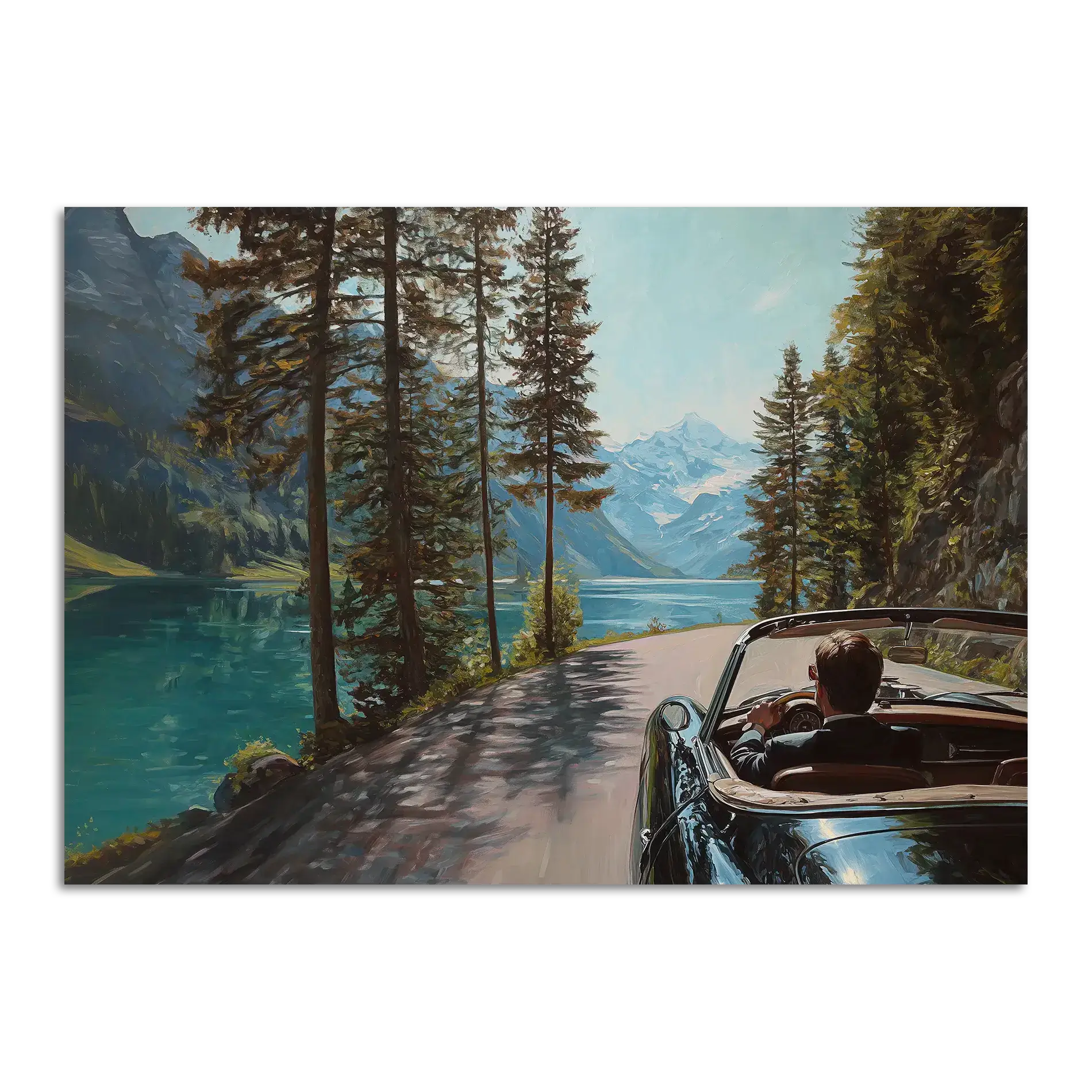 Gentleman’s Alpine Drive – Poster featuring a man driving a convertible along an alpine lake surrounded by mountains.