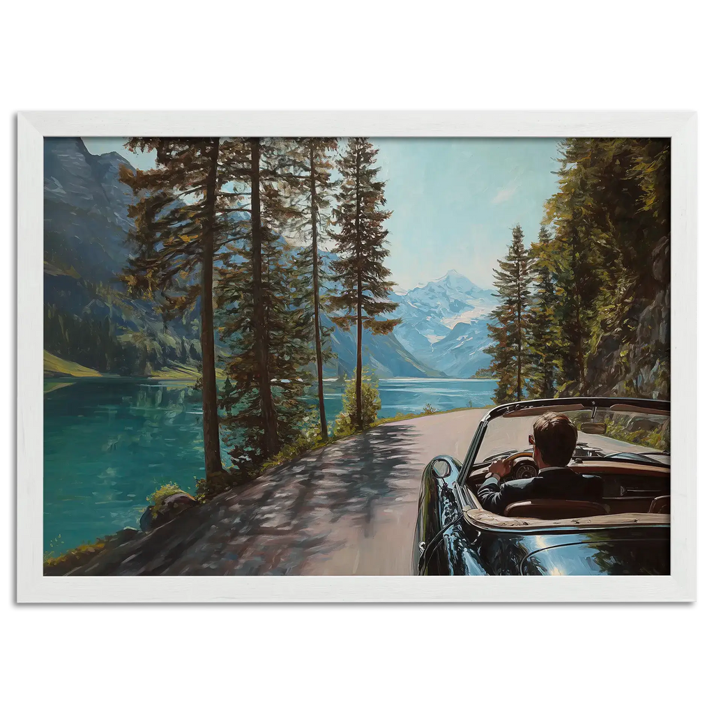Gentleman’s Alpine Drive – Poster featuring a classic convertible along an alpine lake with mountain scenery.