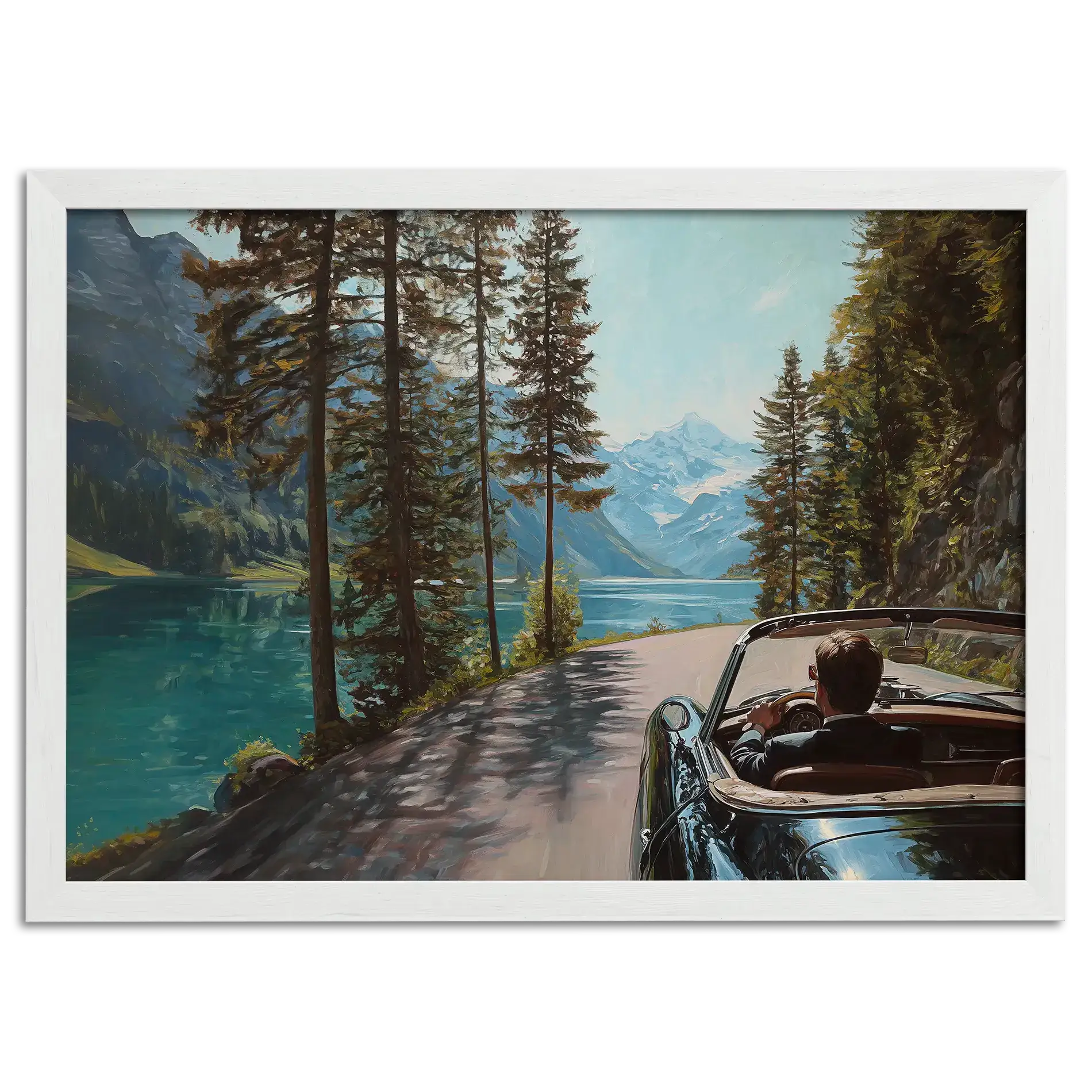 Gentleman’s Alpine Drive – Poster featuring a classic convertible along an alpine lake with mountain scenery.