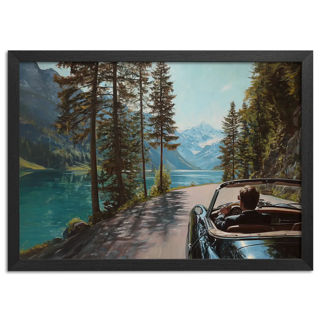 Gentleman’s Alpine Drive – Poster featuring a classic convertible along an alpine lake surrounded by mountains and tall trees.